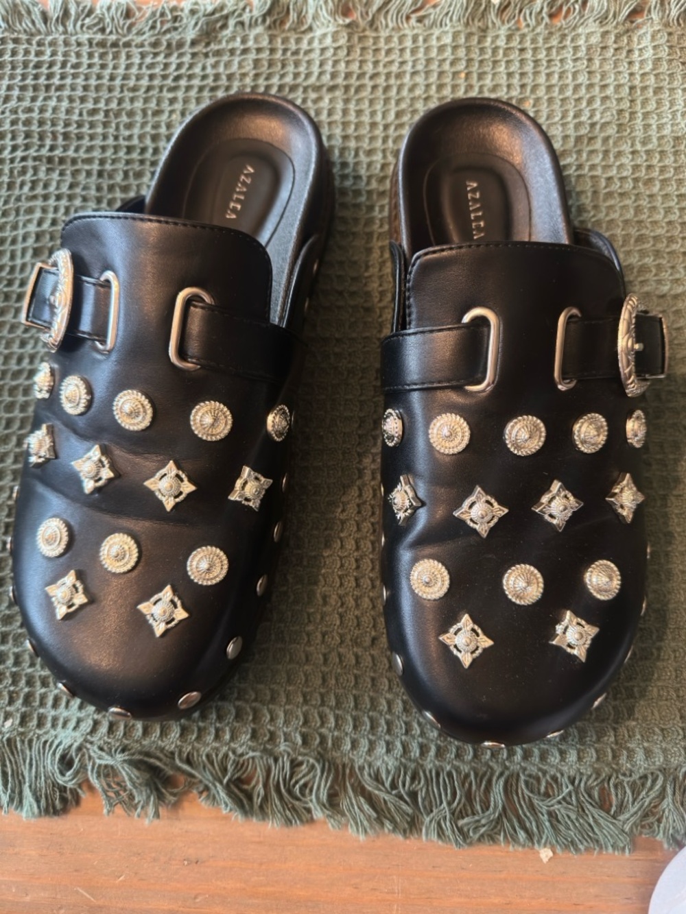 Azalea Studded Black Leather Mule Clogs